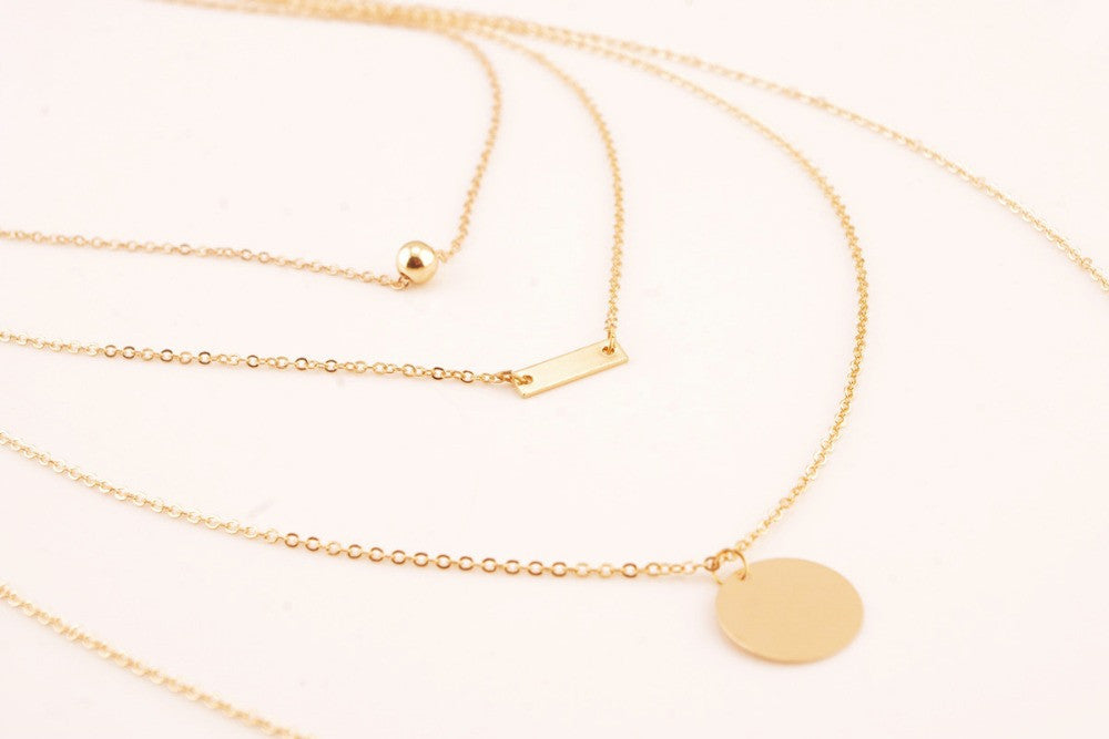 Gold Tone Multi-Layer Chain - Four Layer Simple Metal Long Necklaces & Pendants