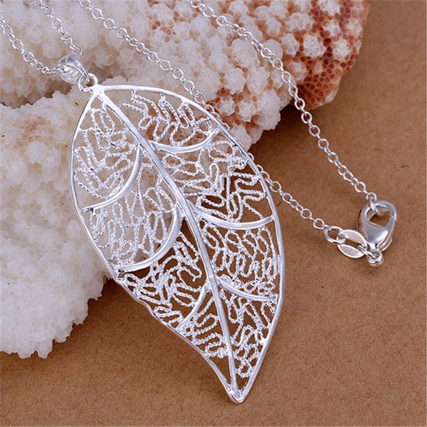 Leaf Necklace - Elegant Filigree Silver Leaf Pendant Necklace