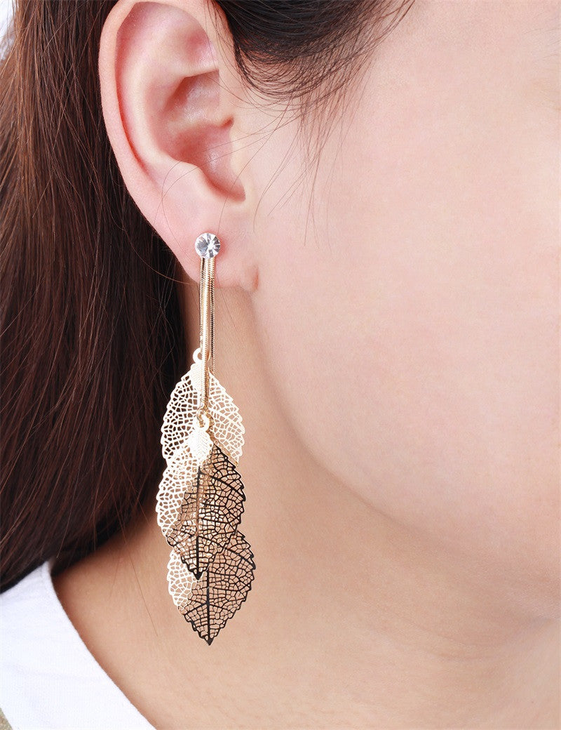 Filigree Tripe Leaves - Crystal Leaf Drop Dangle Long Earrings