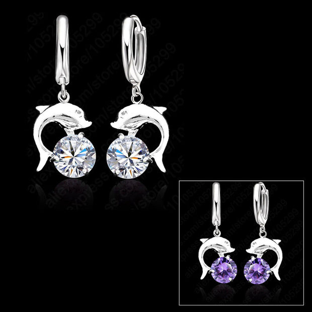 Dolphin Earrings With Cubic Zirconia - Lever Back Earrings - Clear Or Purple