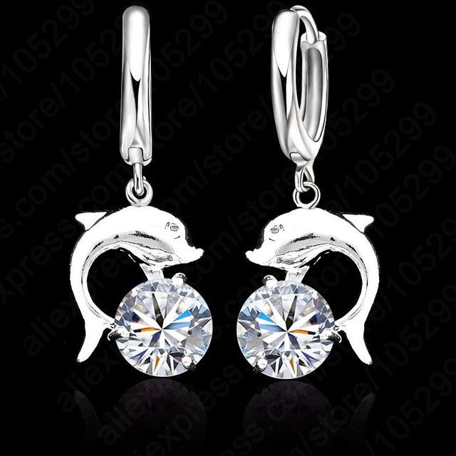 Dolphin Earrings With Cubic Zirconia - Lever Back Earrings - Clear Or Purple