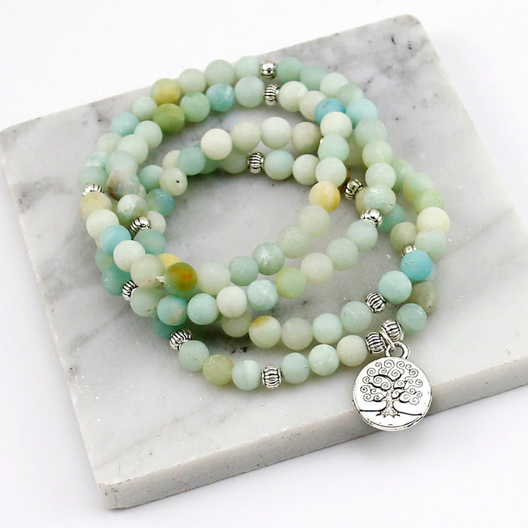Frosted Amazonite Stone Bracelet - Prayer Beads - Tree of Life Bracelet - Mala Beads Bracelet