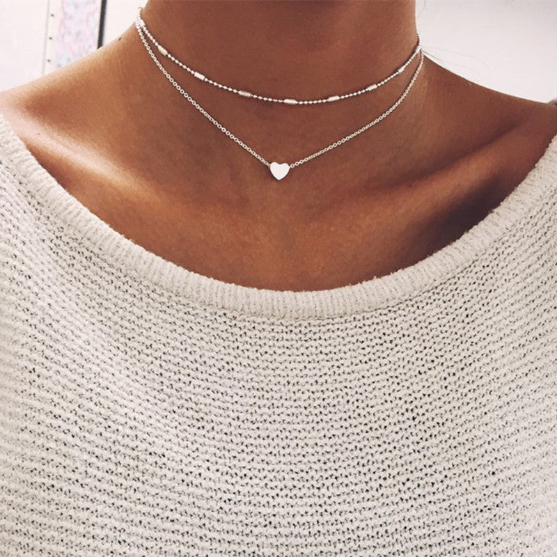 Double Layers Chain Heart Necklace - Multi-layer Necklace - Heart Choker