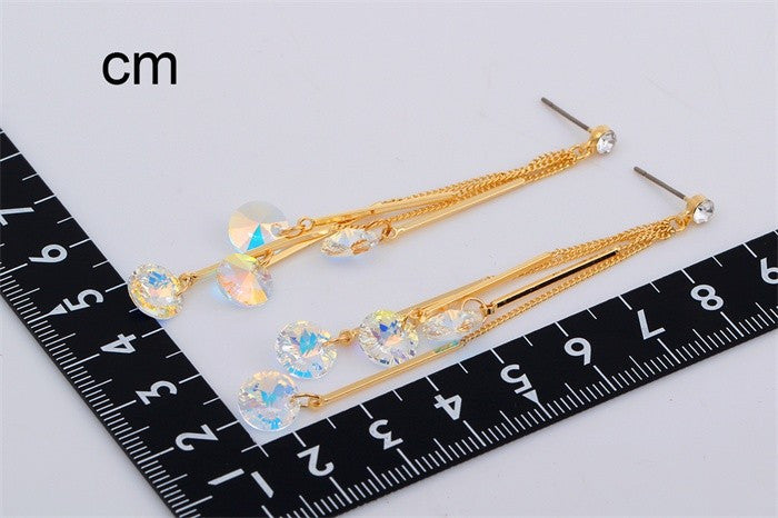 AAA Austria Crystal Drop Tassel Dangle Earrings With Yellow Gold Color Link Chain Bar