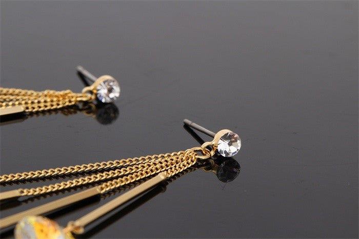 AAA Austria Crystal Drop Tassel Dangle Earrings With Yellow Gold Color Link Chain Bar