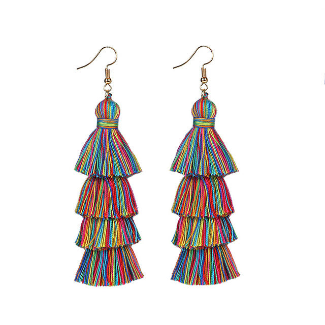 Neon Tiered Long Tassel Earrings - 4 Layered Fringe Earrings - Ombre Stacked Tassels Dangle Earrings