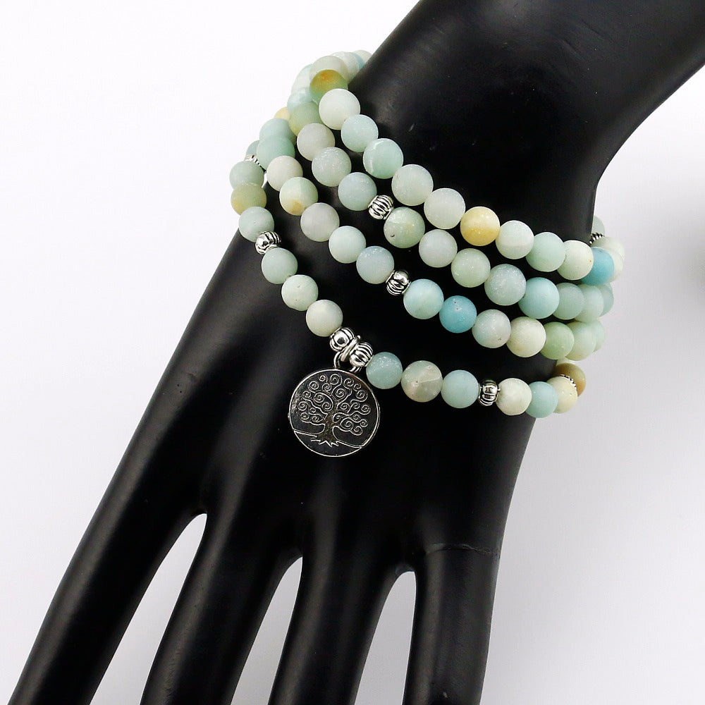 Frosted Amazonite Stone Bracelet - Prayer Beads - Tree of Life Bracelet - Mala Beads Bracelet