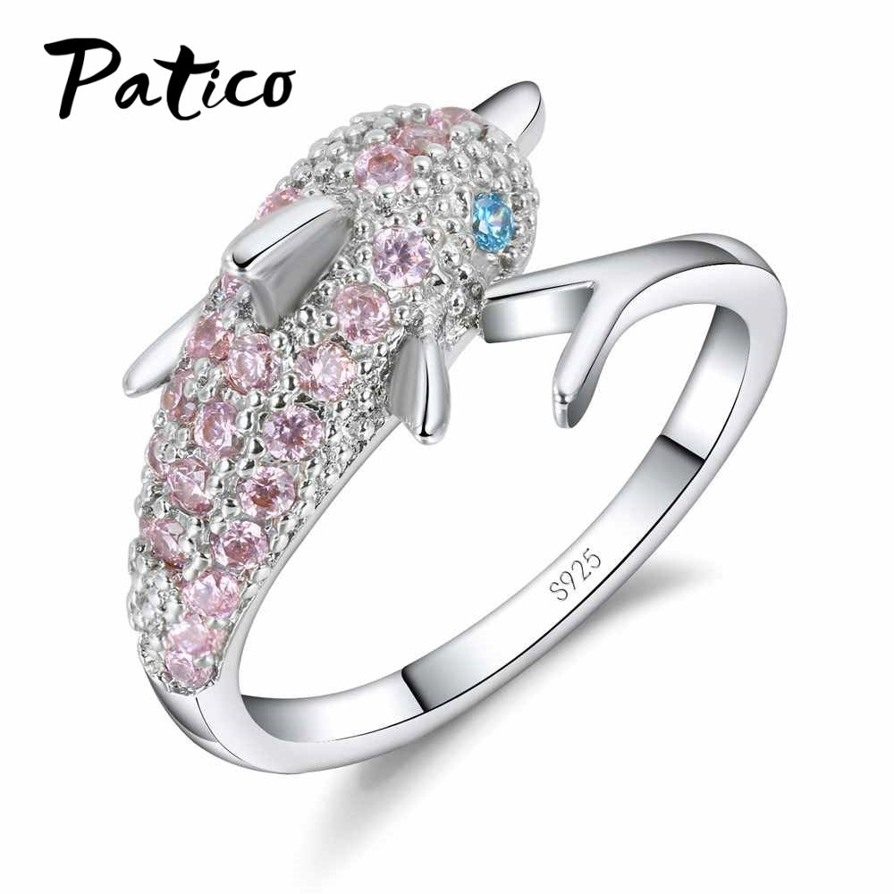 Blue Eyes Dolphin Austrian Crystal Sterling Silver Ring With Pink Cubic Zircon - Dolphin Crystal Ring